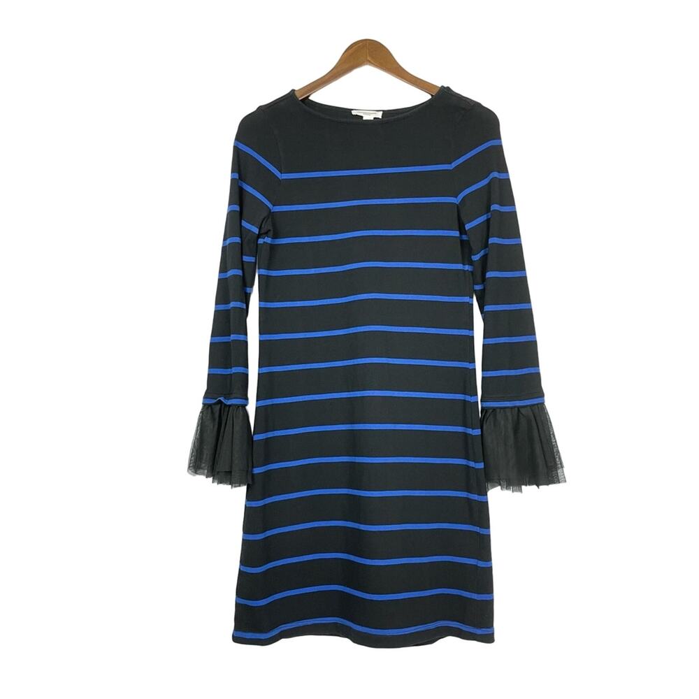 BeachLunchLounge | Black & Blue Stripe Tulle Ruffle Cuff Shift Sweater Dress